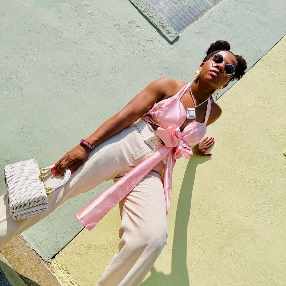 Custom made pink and baby blue floral blouse